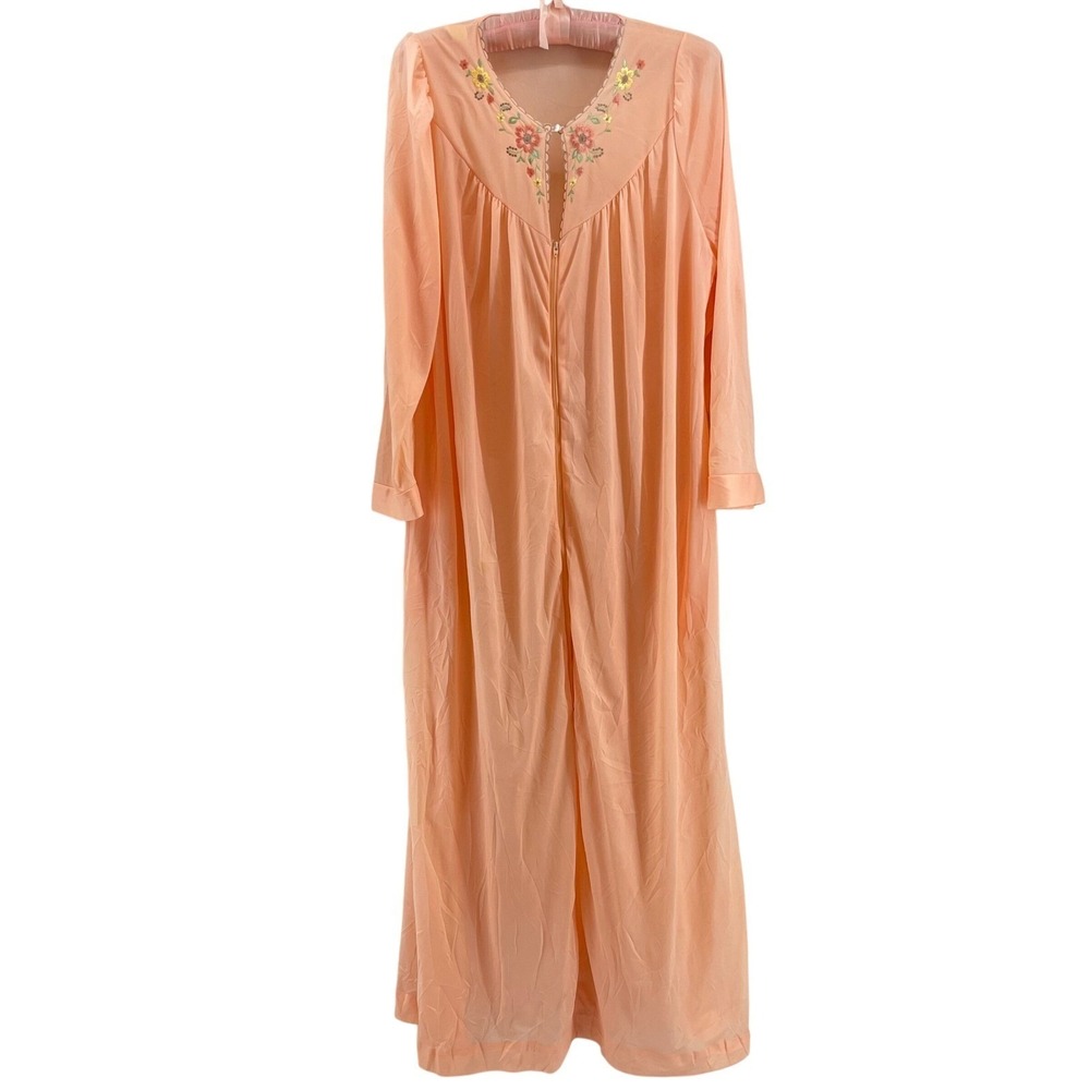 Vintage Sheer Duster Maxi Nightgown M Peach Floral Embroidered Coquette Soft